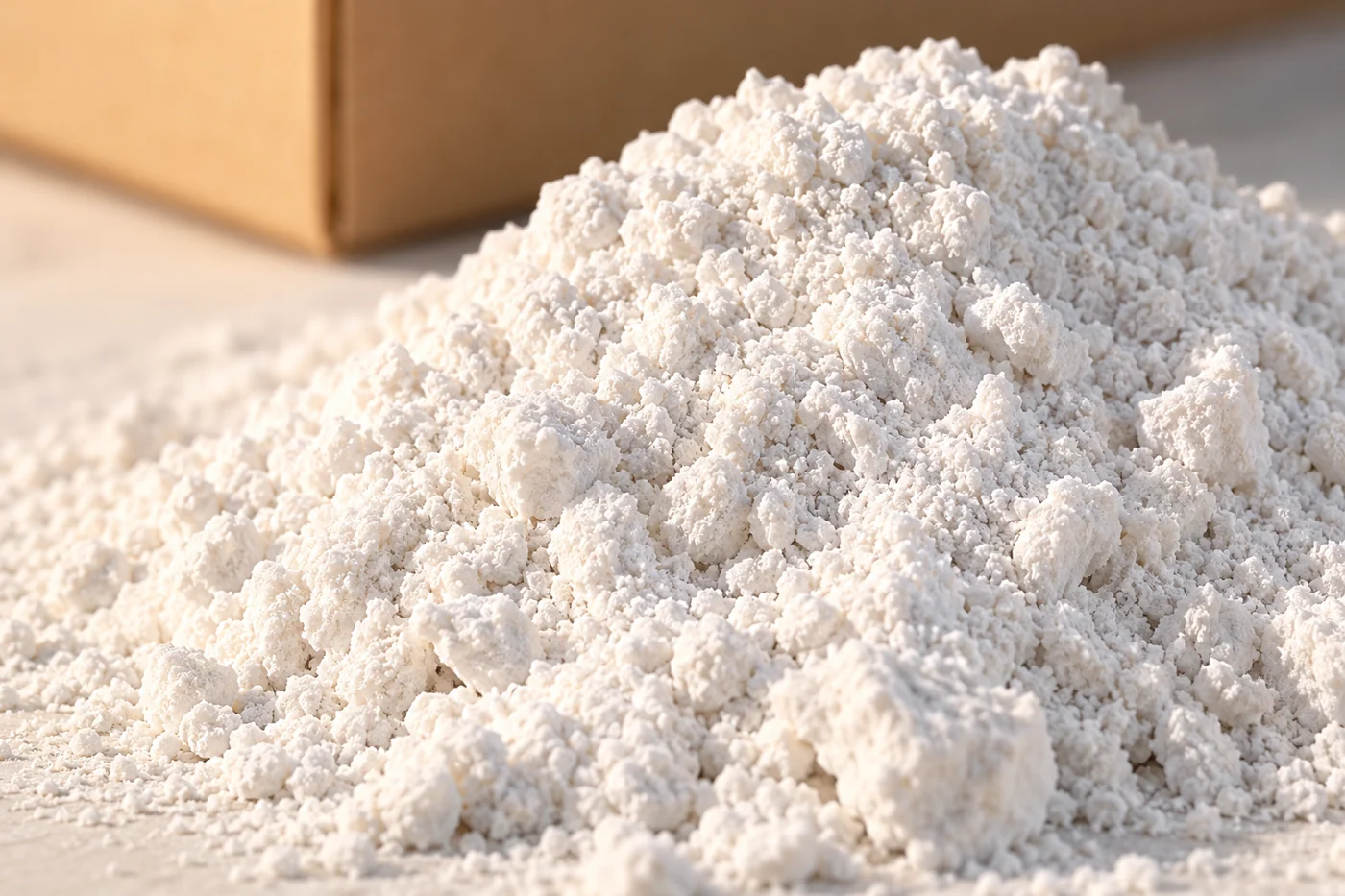 Close view of white investment-powder texture beside a plain box