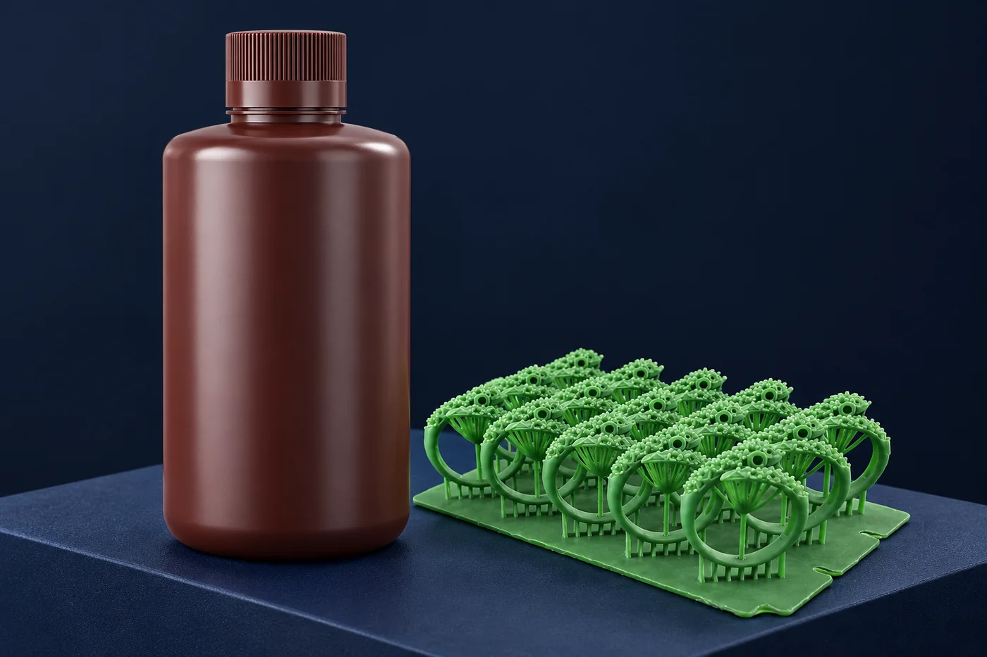 Unlabelled castable-resin bottle and green pattern references