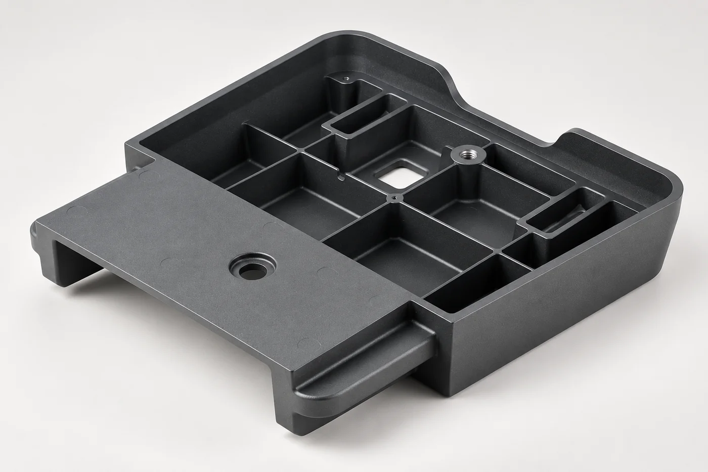 Aluminium enclosure showing internal cast ribs and mounting bosses