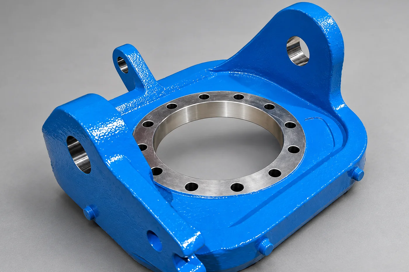 Blue aluminium bracket with a silver machined bore and coating boundary